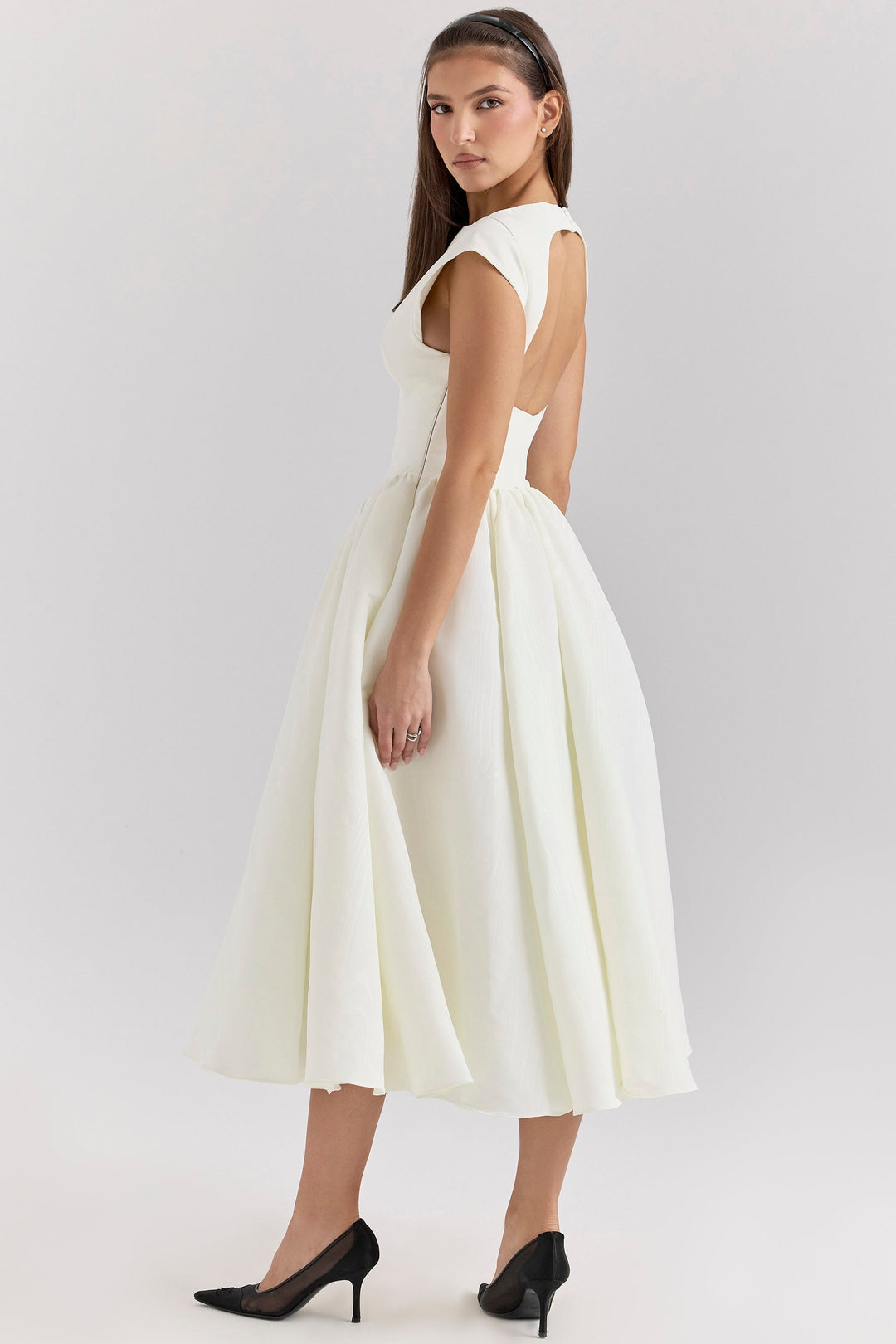 Women's Cap Sleeve Boat Neckline Midi Dress with Open Back and Full Gathered Skirt