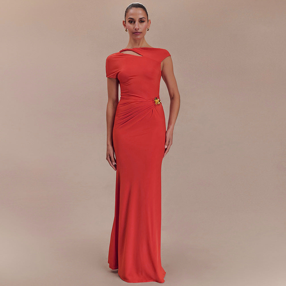 Women's Cap Sleeve Maxi Dress with Cut-Out Neckline and Waist Gathering