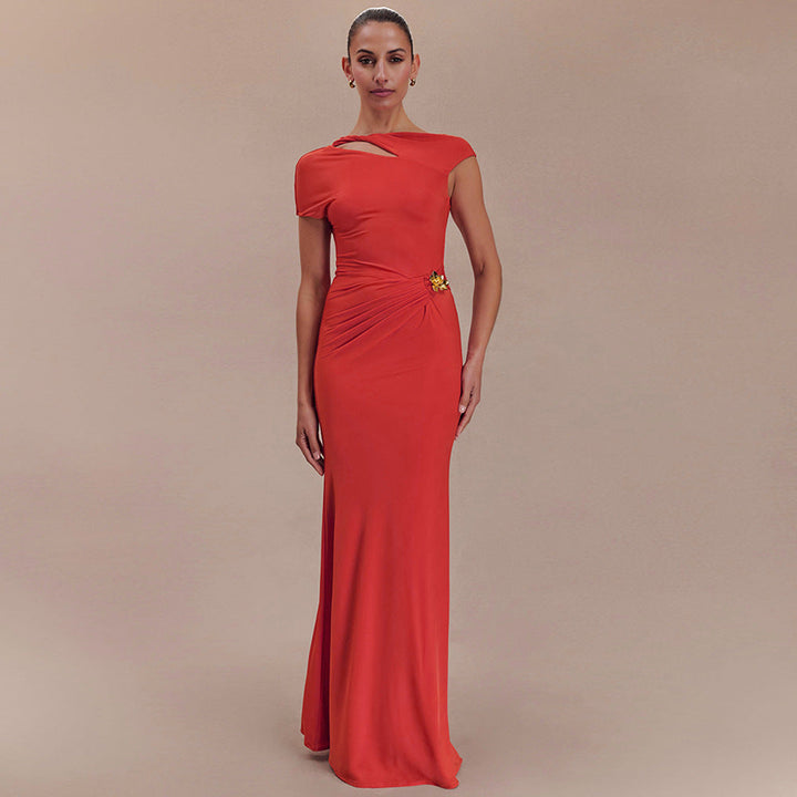 Women's Cap Sleeve Maxi Dress with Cut-Out Neckline and Waist Gathering
