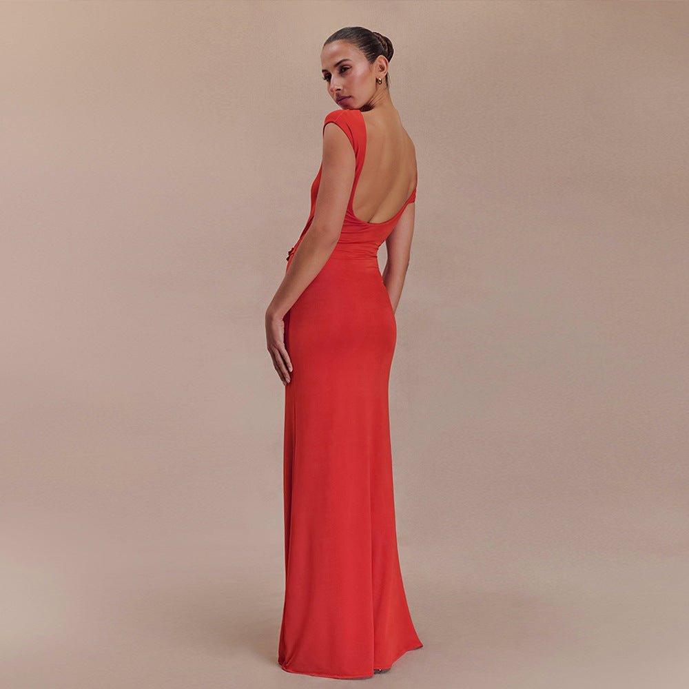 Women's Cap Sleeve Maxi Dress with Cut-Out Neckline and Waist Gathering