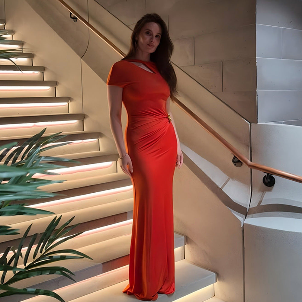 Women's Cap Sleeve Maxi Dress with Cut-Out Neckline and Waist Gathering