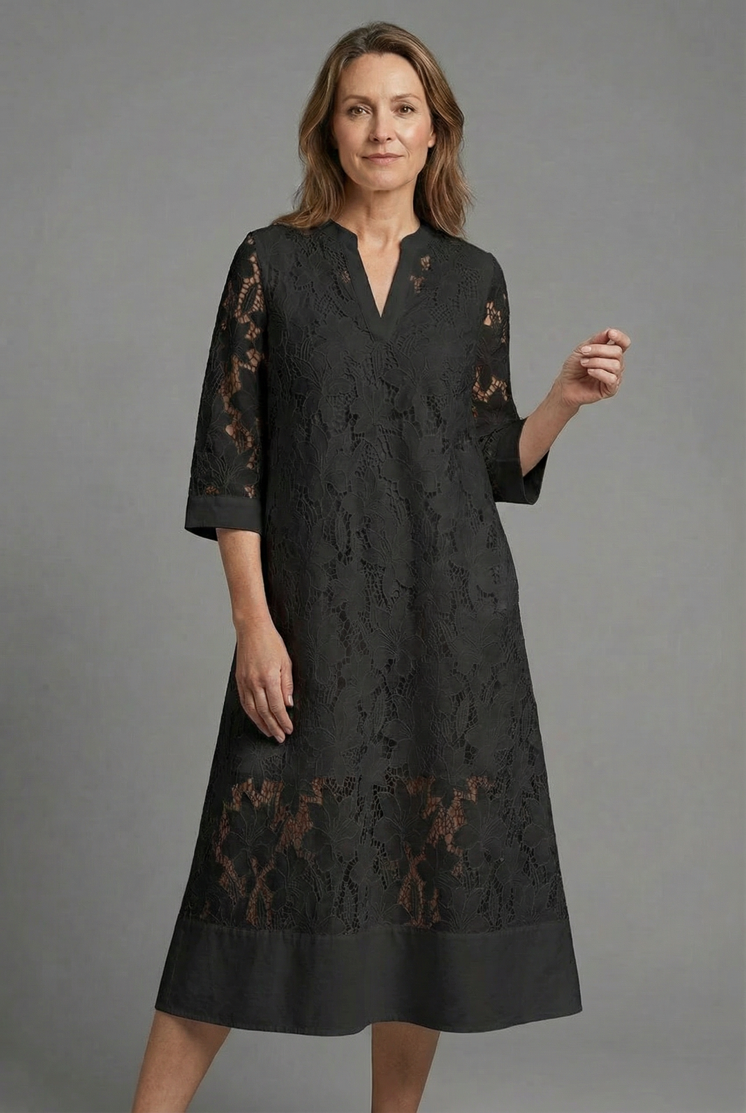 Women's Embroidered Lace V-Neckline Midi Dress with Three-Quarter Sheer Sleeves