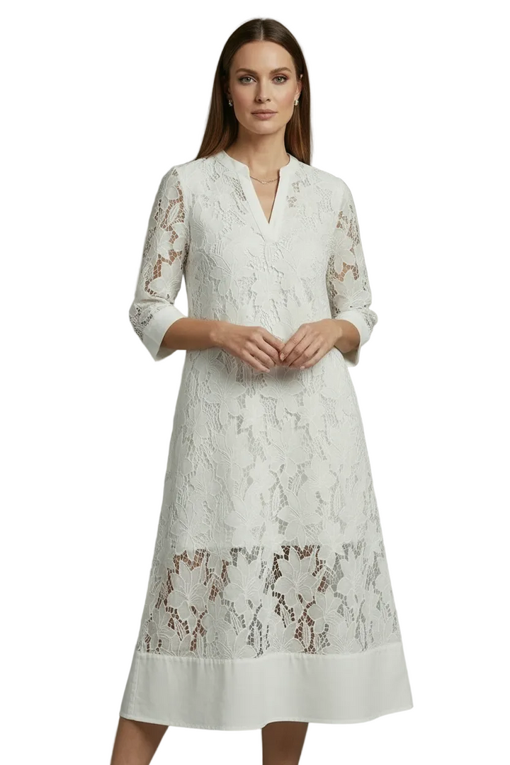 Women's Embroidered Lace V-Neckline Midi Dress with Three-Quarter Sheer Sleeves