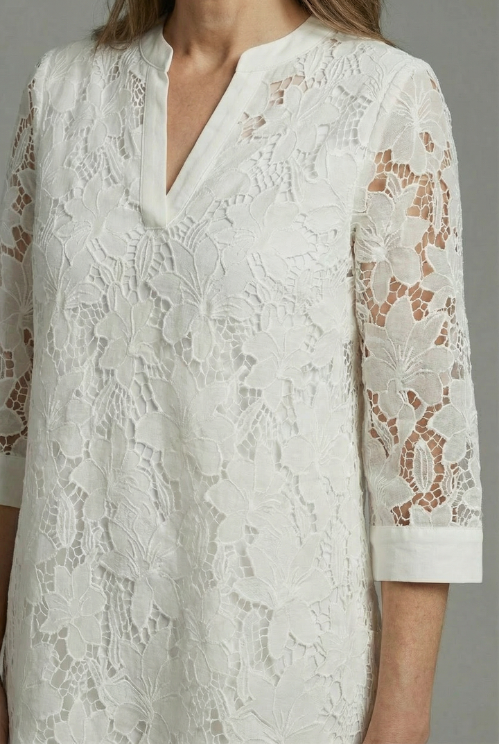 Women's Embroidered Lace V-Neckline Midi Dress with Three-Quarter Sheer Sleeves
