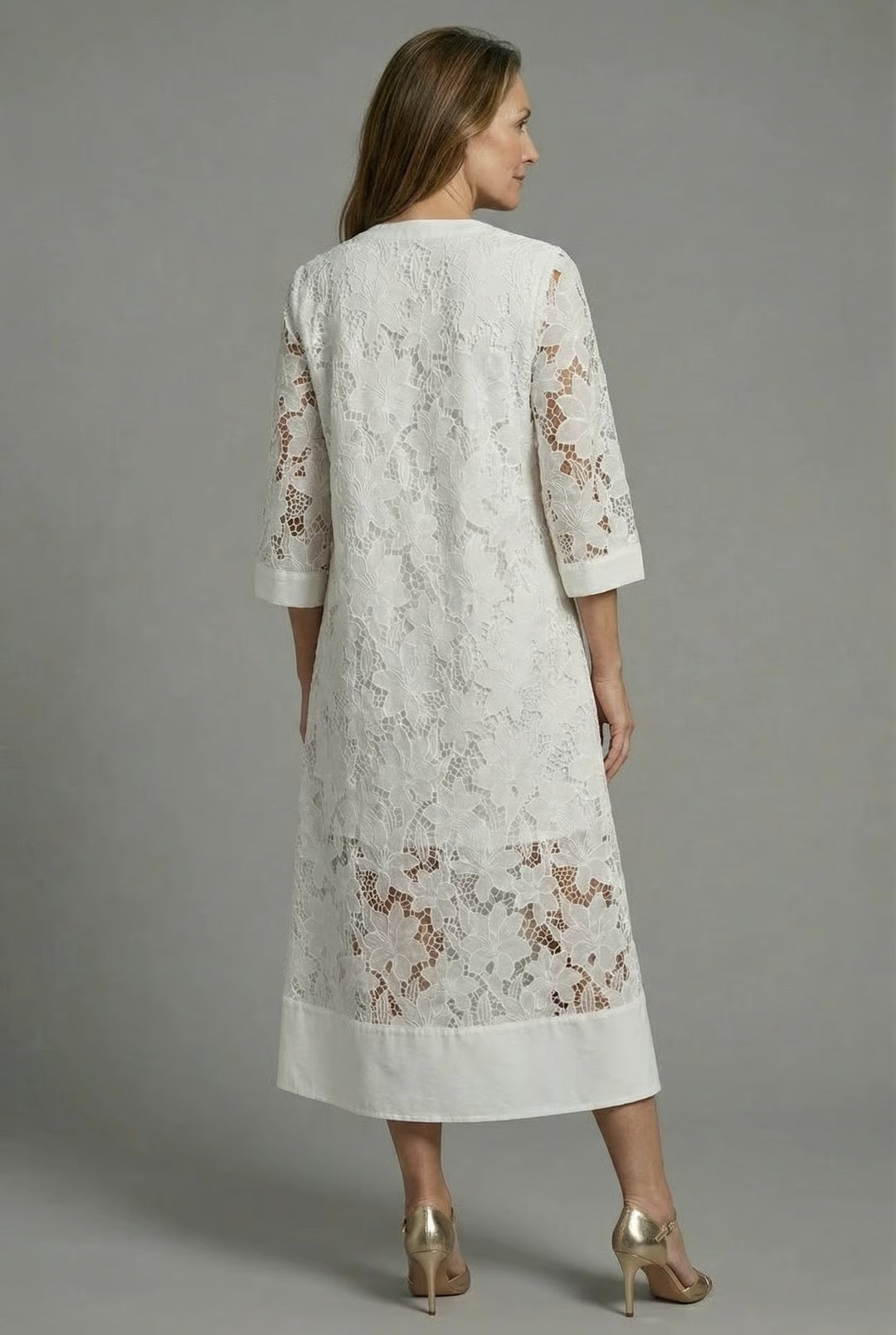 Women's Embroidered Lace V-Neckline Midi Dress with Three-Quarter Sheer Sleeves