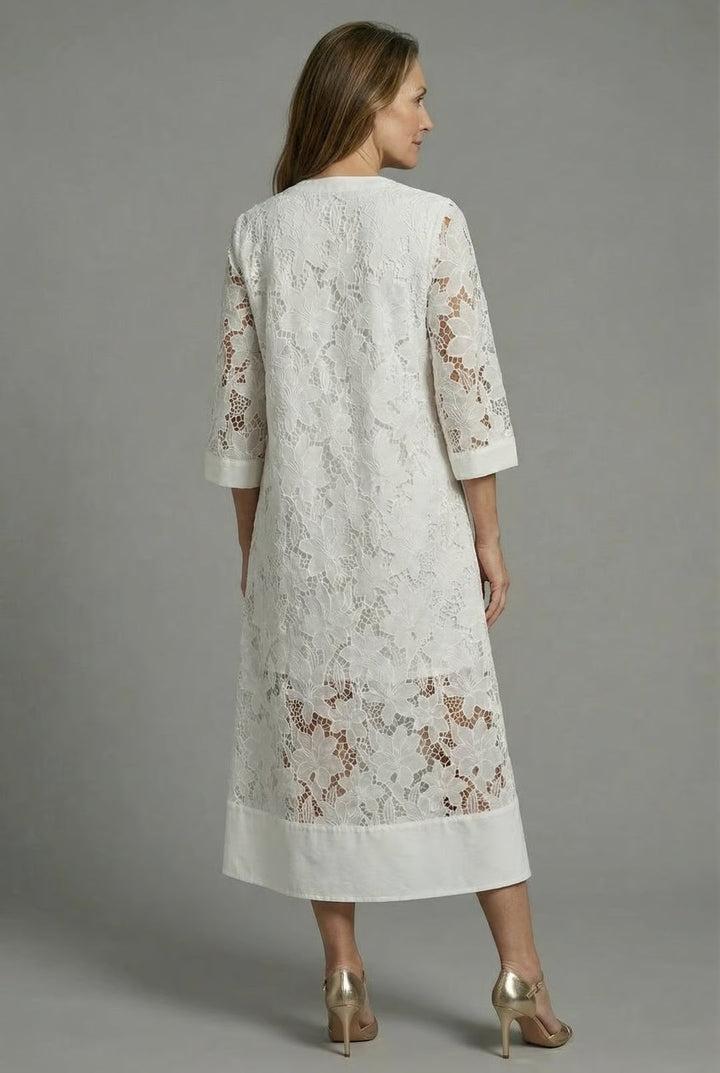 Women's Embroidered Lace V-Neckline Midi Dress with Three-Quarter Sheer Sleeves