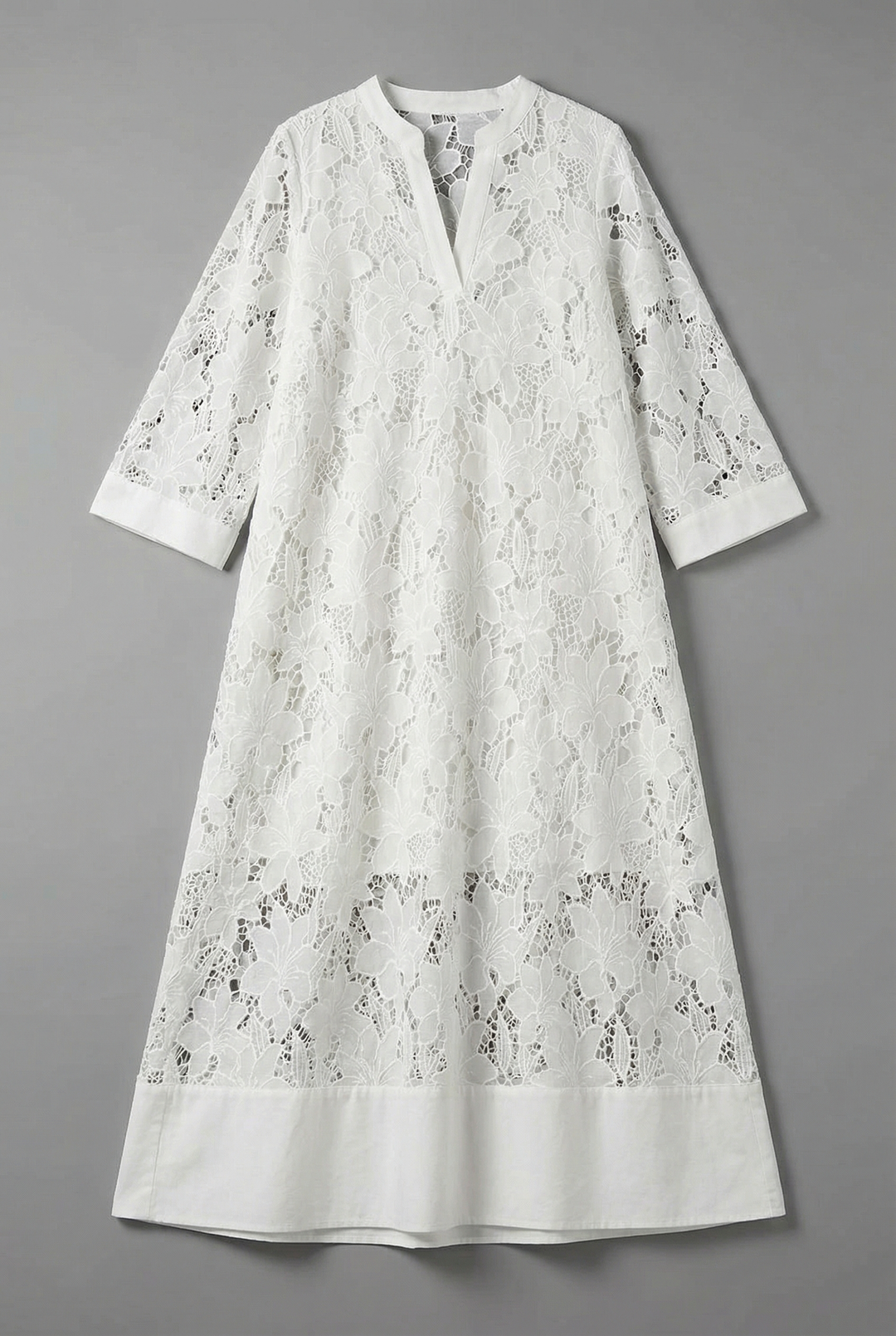 Women's Embroidered Lace V-Neckline Midi Dress with Three-Quarter Sheer Sleeves