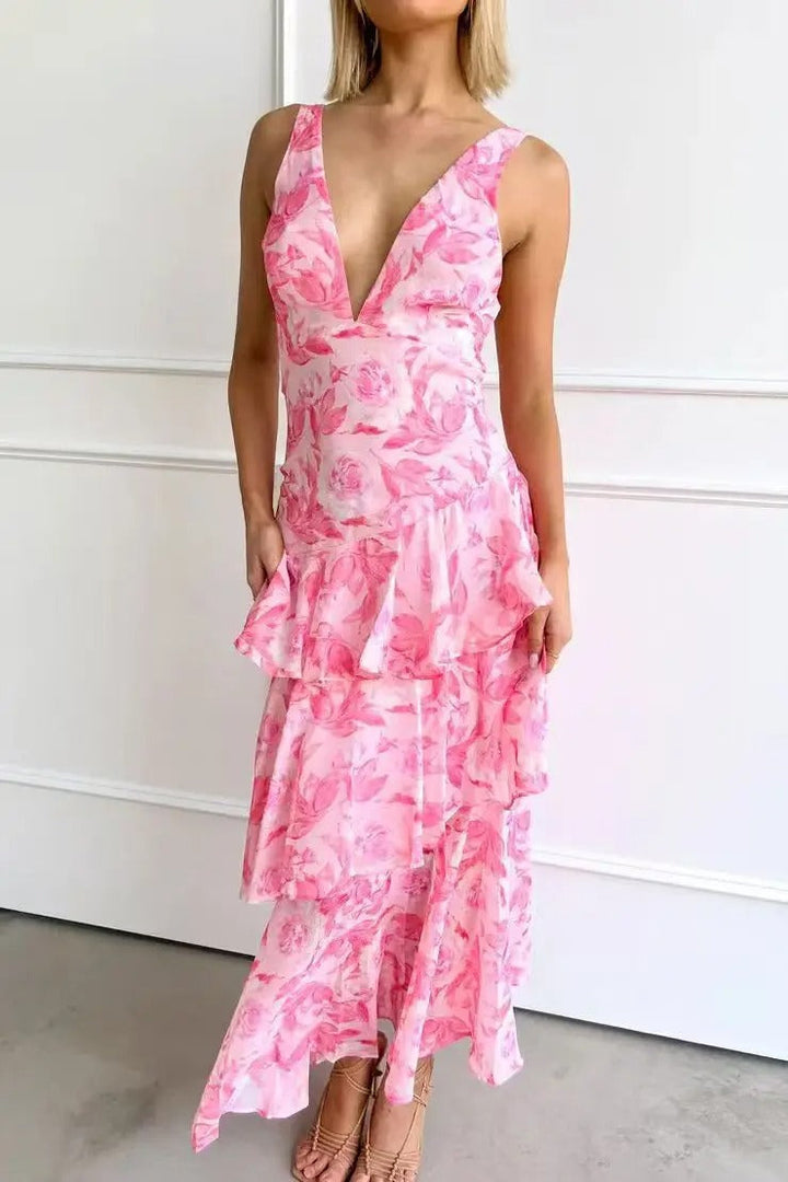 Women's Floral Deep V-Neckline Maxi Dress with Tiered Ruffle Skirt and Wide Straps