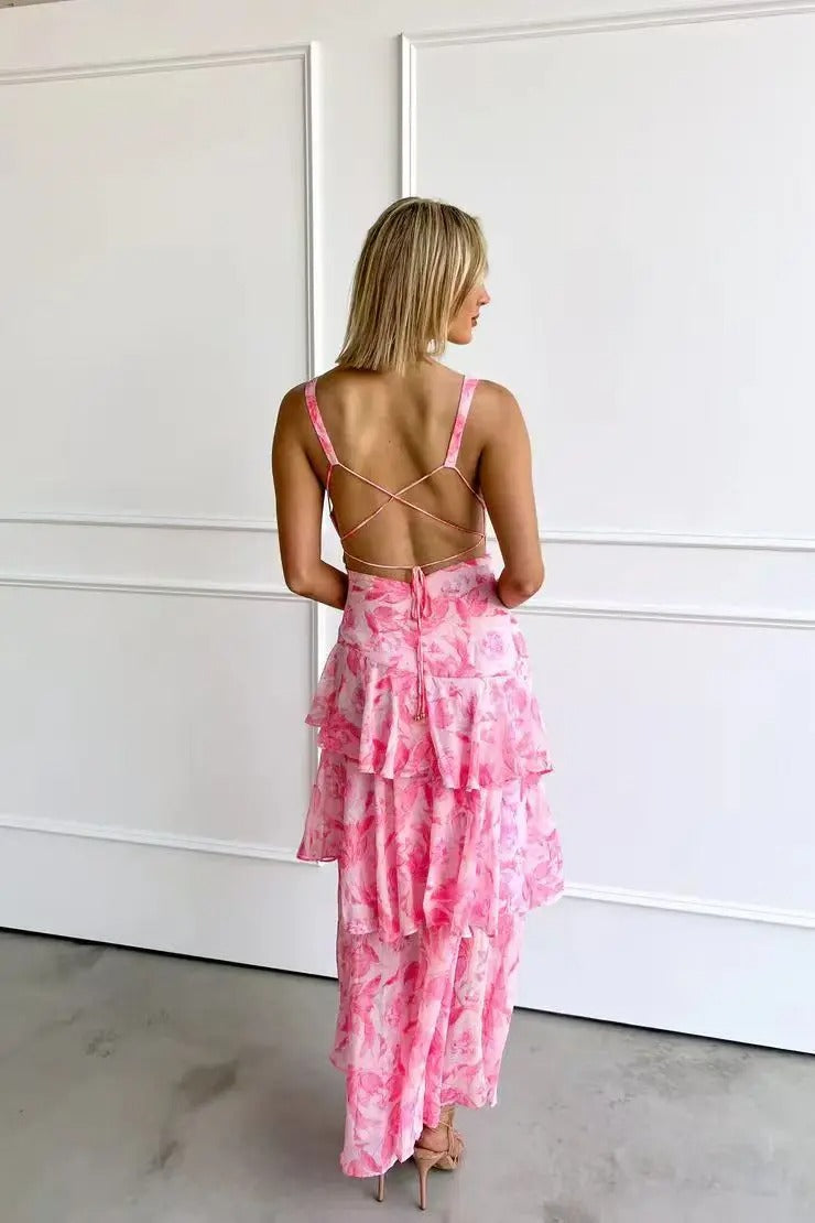 Women's Floral Deep V-Neckline Maxi Dress with Tiered Ruffle Skirt and Wide Straps