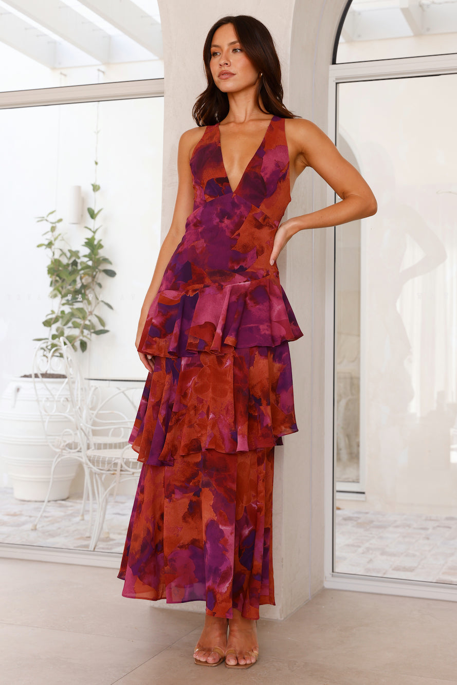Women's Floral Deep V-Neckline Maxi Dress with Tiered Ruffle Skirt and Wide Straps