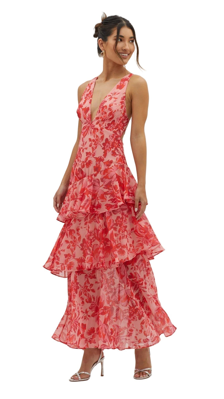 Women's Floral Deep V-Neckline Maxi Dress with Tiered Ruffle Skirt and Wide Straps