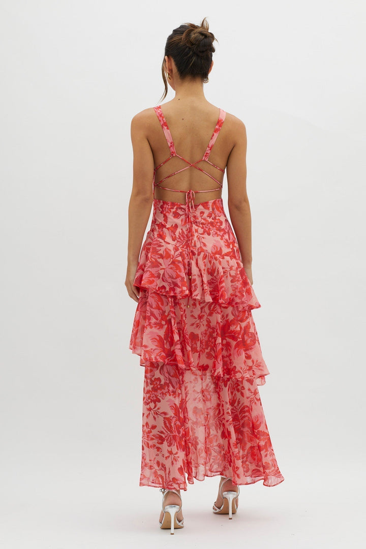 Women's Floral Deep V-Neckline Maxi Dress with Tiered Ruffle Skirt and Wide Straps