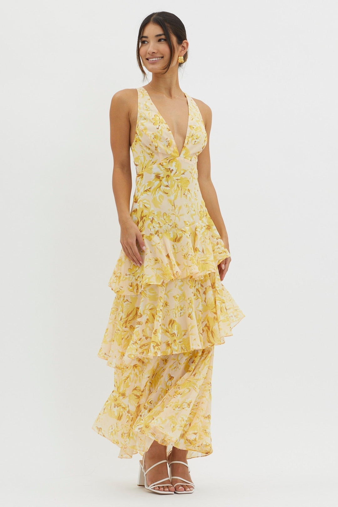 Women's Floral Deep V-Neckline Maxi Dress with Tiered Ruffle Skirt and Wide Straps