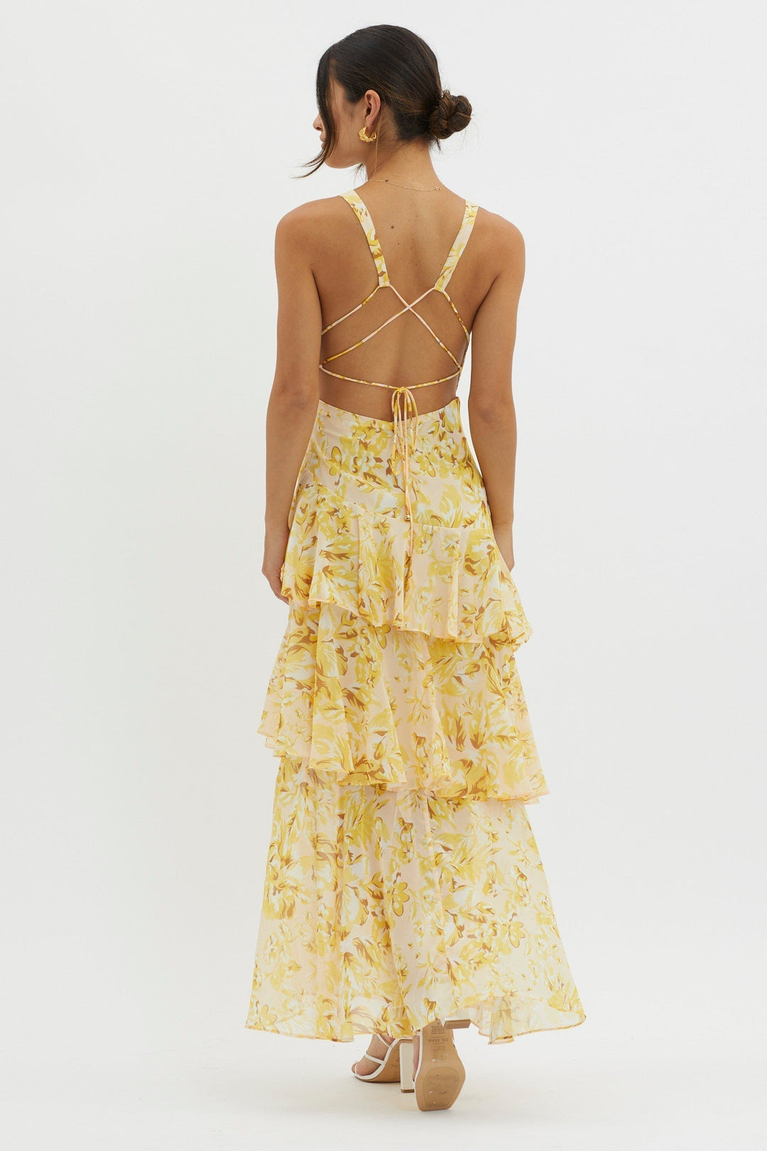 Women's Floral Deep V-Neckline Maxi Dress with Tiered Ruffle Skirt and Wide Straps