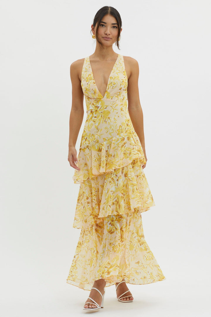 Women's Floral Deep V-Neckline Maxi Dress with Tiered Ruffle Skirt and Wide Straps