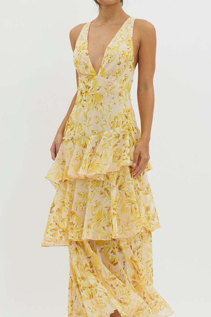 Women's Floral Deep V-Neckline Maxi Dress with Tiered Ruffle Skirt and Wide Straps