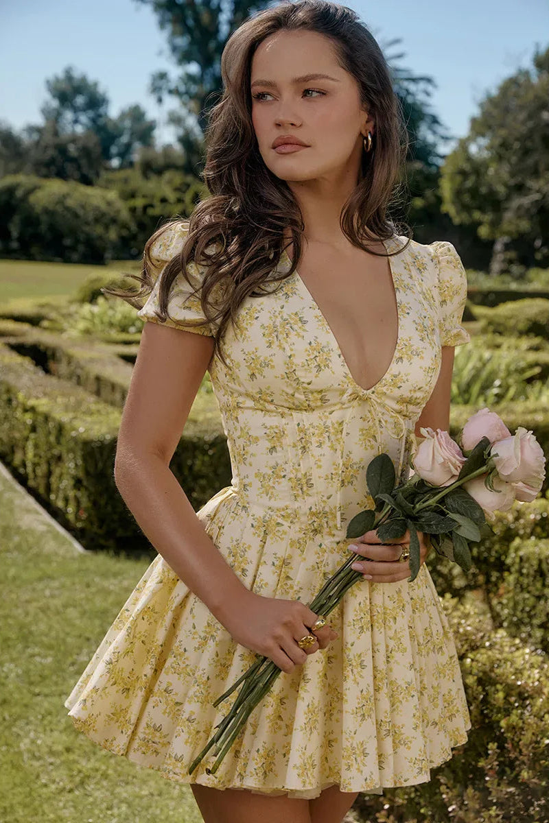 Women's Floral Deep V-Neckline Mini Dress with Puff Sleeves and Centre Front Tie