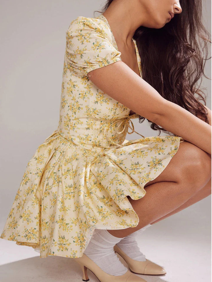 Women's Floral Deep V-Neckline Mini Dress with Puff Sleeves and Centre Front Tie