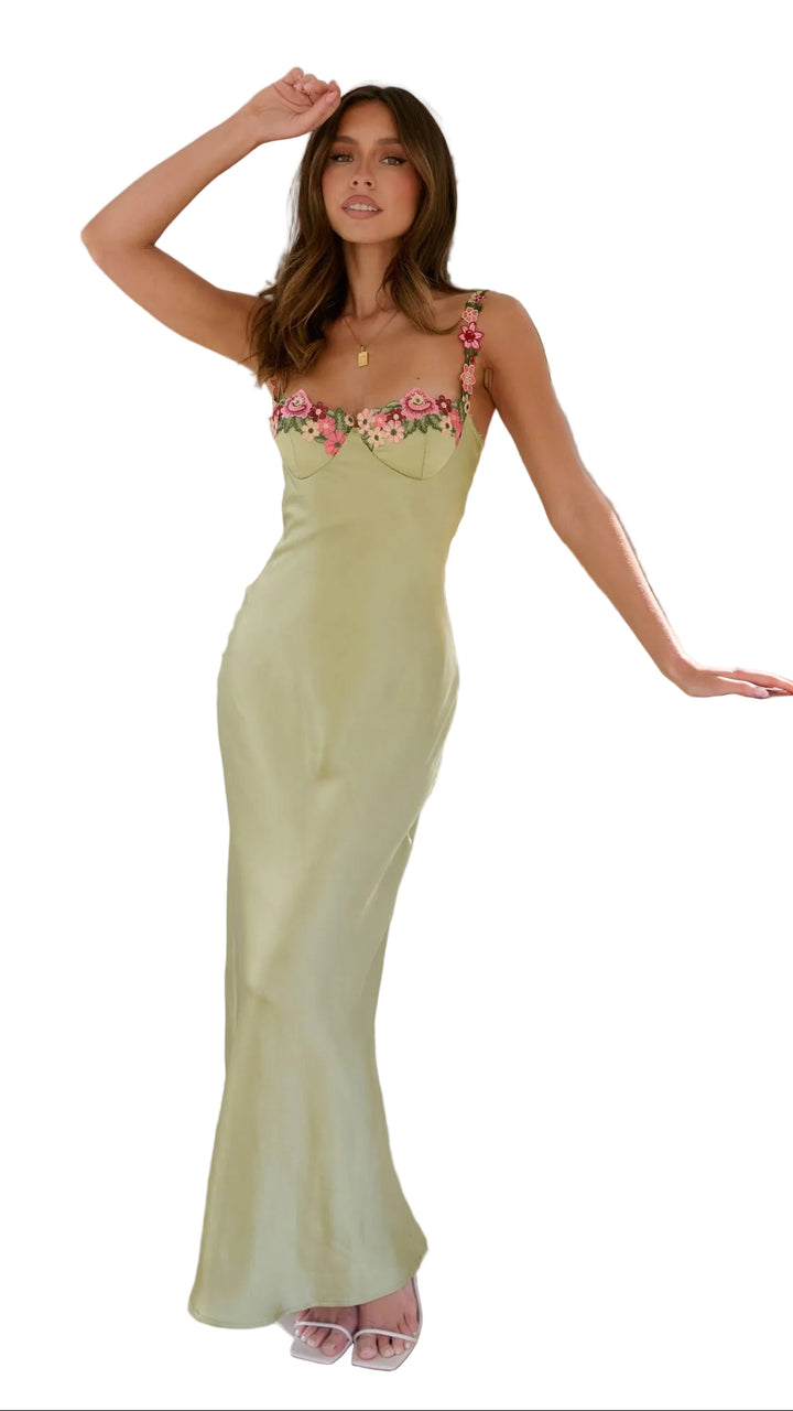 Women's Floral Embroidered Bustline Maxi Dress with Thin Straps and Ankle-Length Skirt