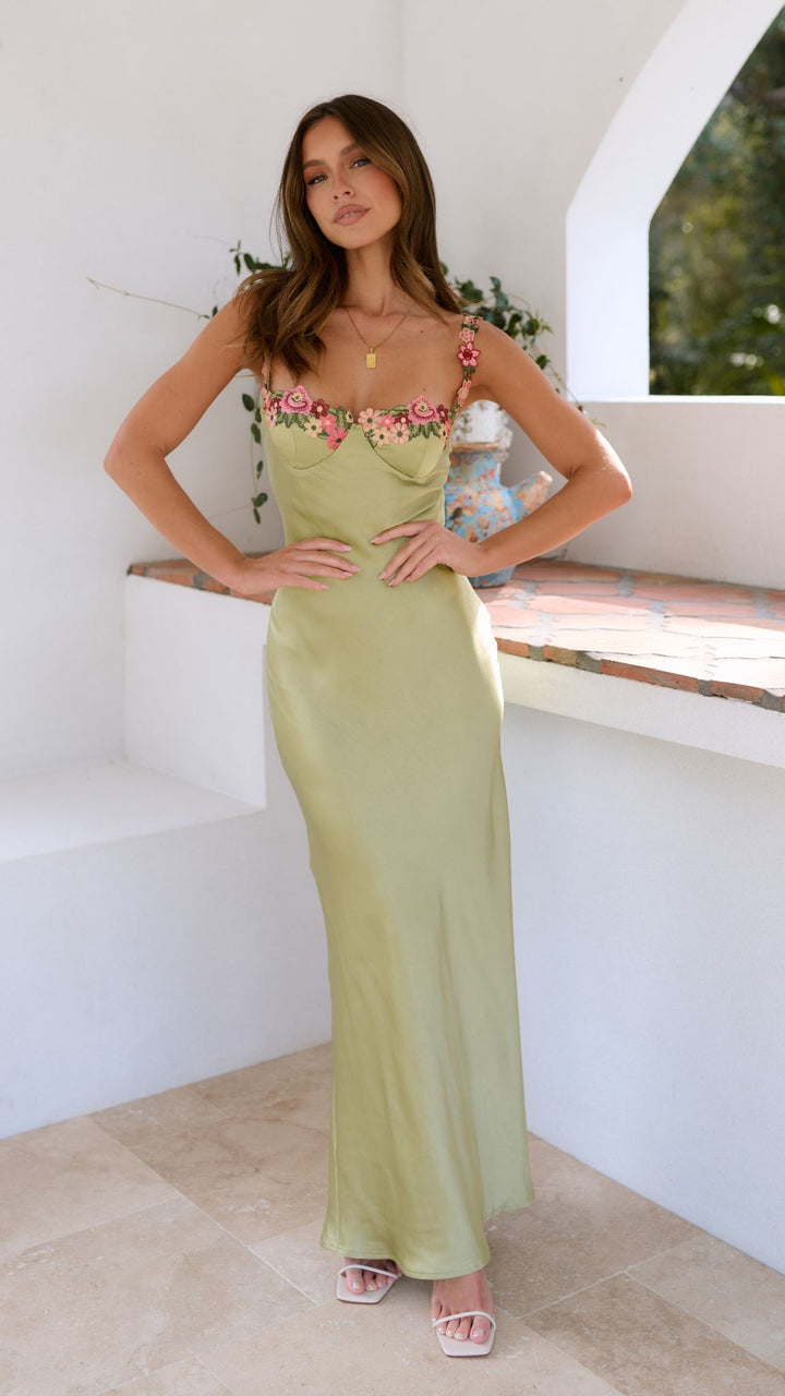 Women's Floral Embroidered Bustline Maxi Dress with Thin Straps and Ankle-Length Skirt