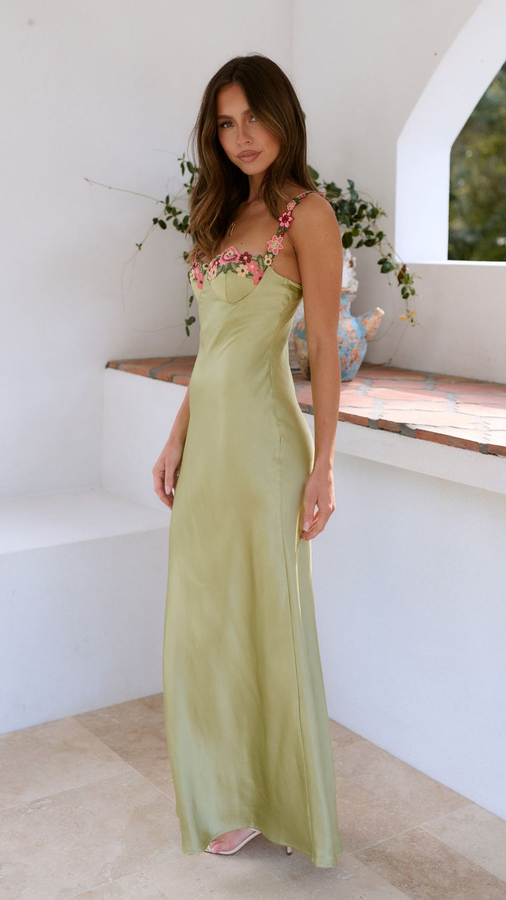 Women's Floral Embroidered Bustline Maxi Dress with Thin Straps and Ankle-Length Skirt