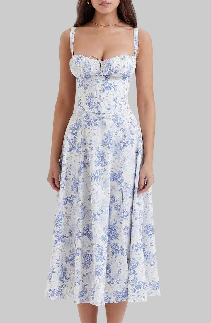 Women's Floral Midi Dress with Sweetheart Neckline Gathered Bust Tie and Front Slit