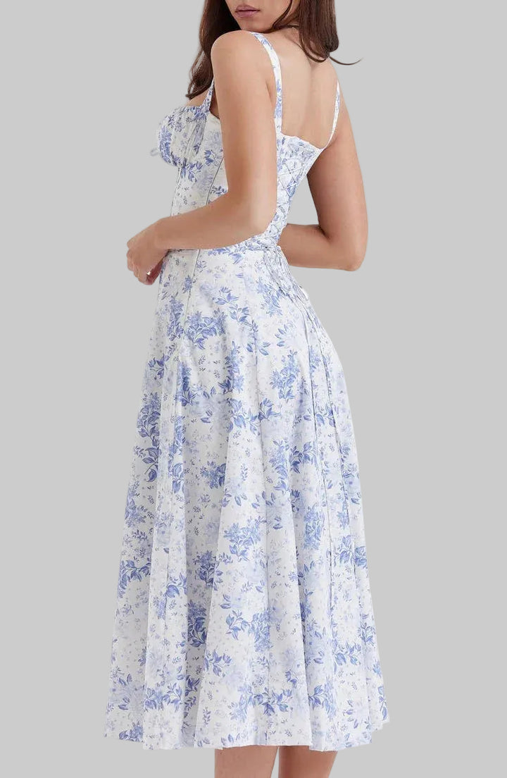 Women's Floral Midi Dress with Sweetheart Neckline Gathered Bust Tie and Front Slit