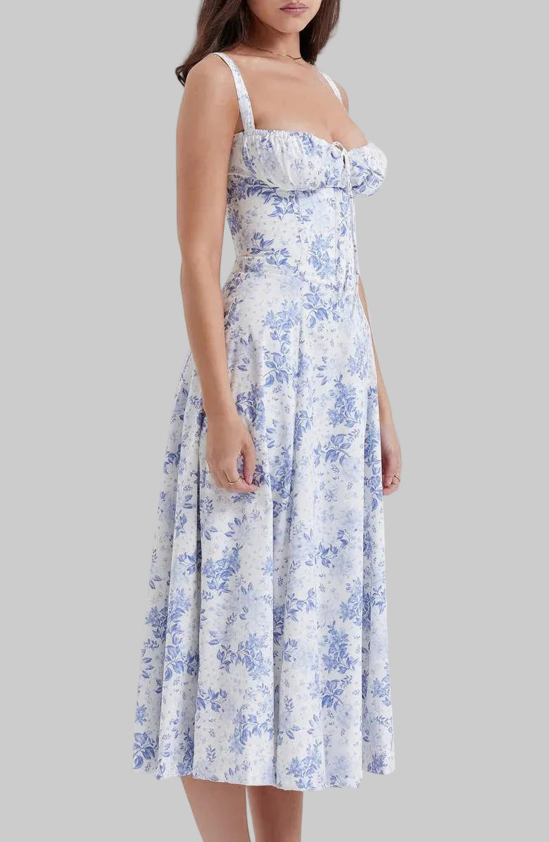 Women's Floral Midi Dress with Sweetheart Neckline Gathered Bust Tie and Front Slit
