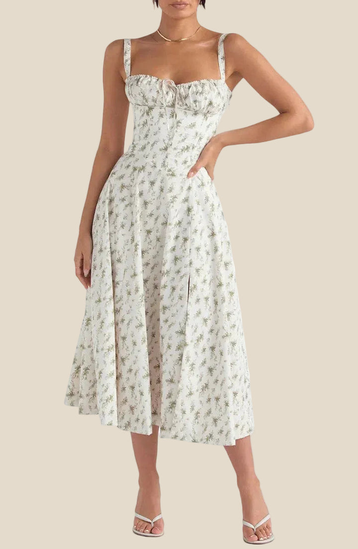 Women's Floral Midi Dress with Sweetheart Neckline Gathered Bust Tie and Front Slit