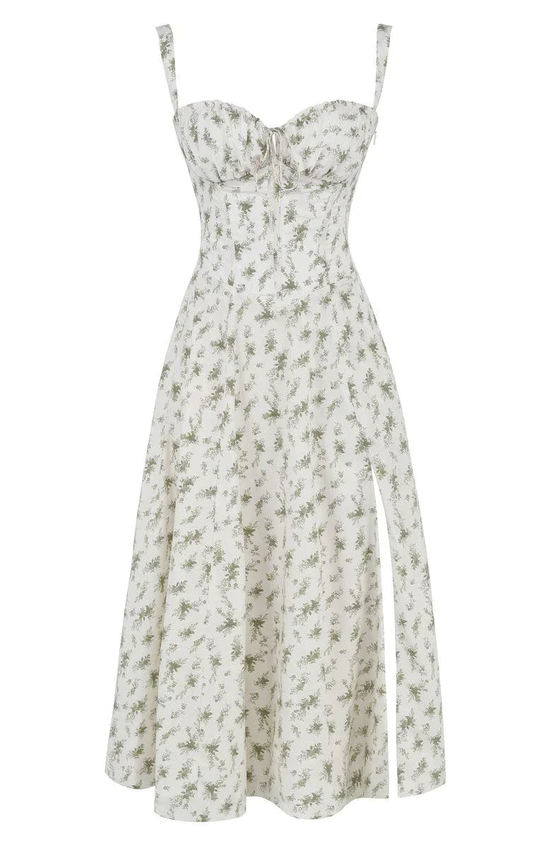 Women's Floral Midi Dress with Sweetheart Neckline Gathered Bust Tie and Front Slit