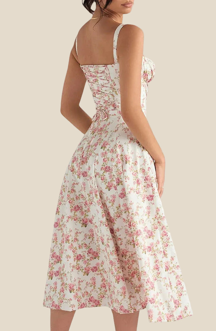 Women's Floral Midi Dress with Sweetheart Neckline Gathered Bust Tie and Front Slit
