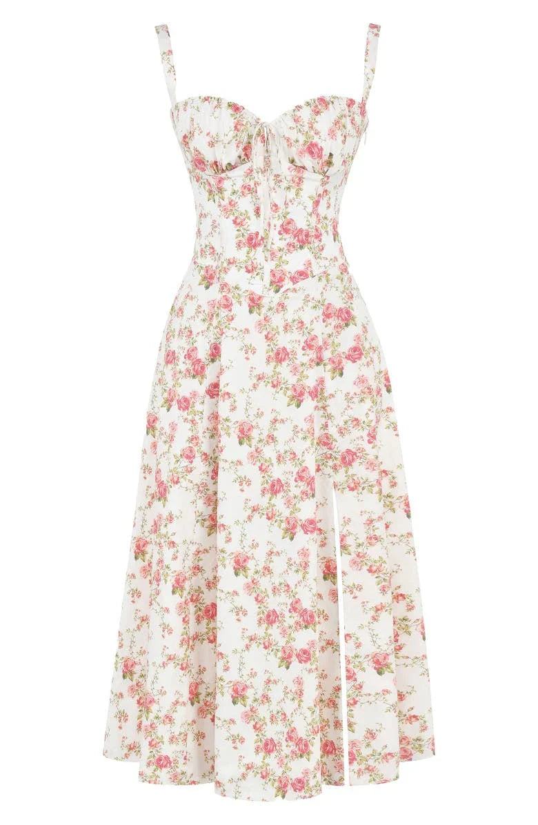 Women's Floral Midi Dress with Sweetheart Neckline Gathered Bust Tie and Front Slit
