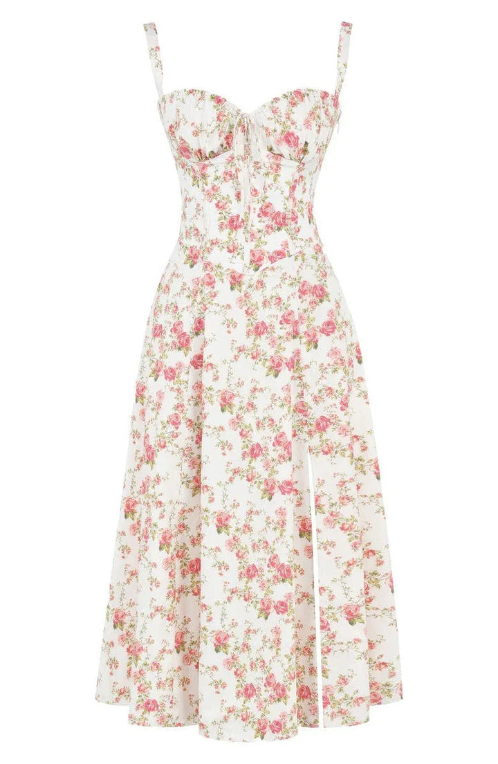 Women's Floral Midi Dress with Sweetheart Neckline Gathered Bust Tie and Front Slit