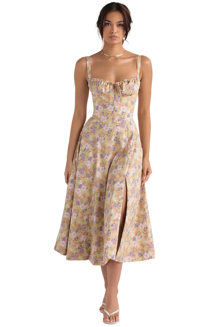 Women's Floral Midi Dress with Sweetheart Neckline Gathered Bust Tie and Front Slit
