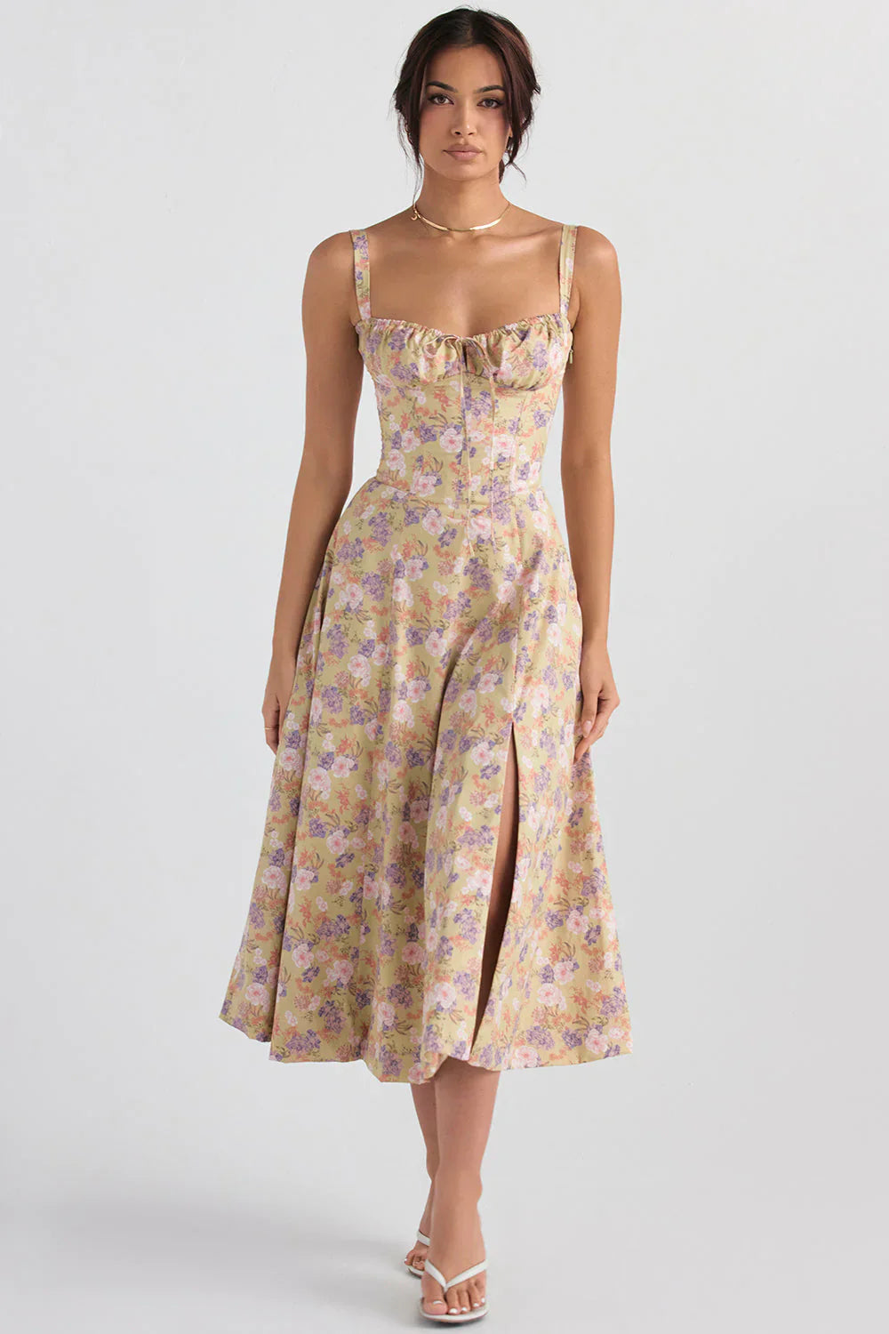 Women's Floral Midi Dress with Sweetheart Neckline Gathered Bust Tie and Front Slit