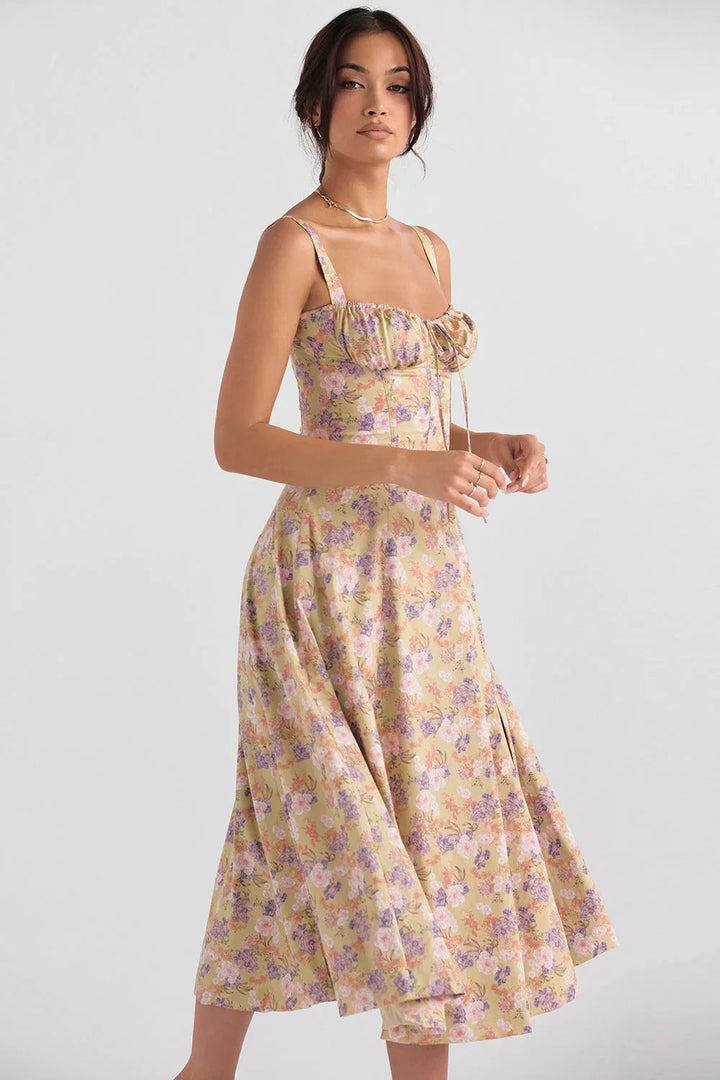 Women's Floral Midi Dress with Sweetheart Neckline Gathered Bust Tie and Front Slit