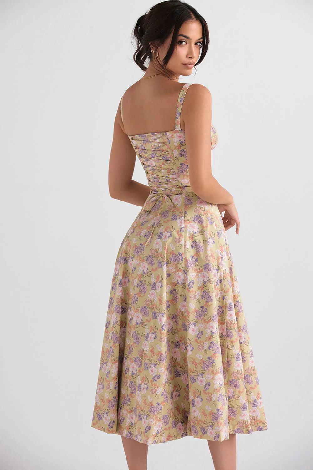 Women's Floral Midi Dress with Sweetheart Neckline Gathered Bust Tie and Front Slit