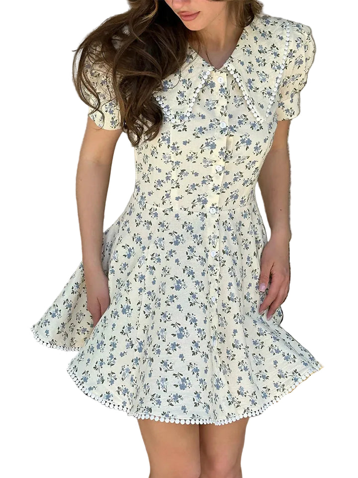 Women's Floral Print Peter Pan Collar Mini Dress with Puff Sleeves and Pom-Pom Hem