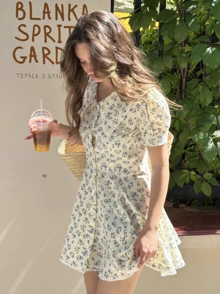 Women's Floral Print Peter Pan Collar Mini Dress with Puff Sleeves and Pom-Pom Hem
