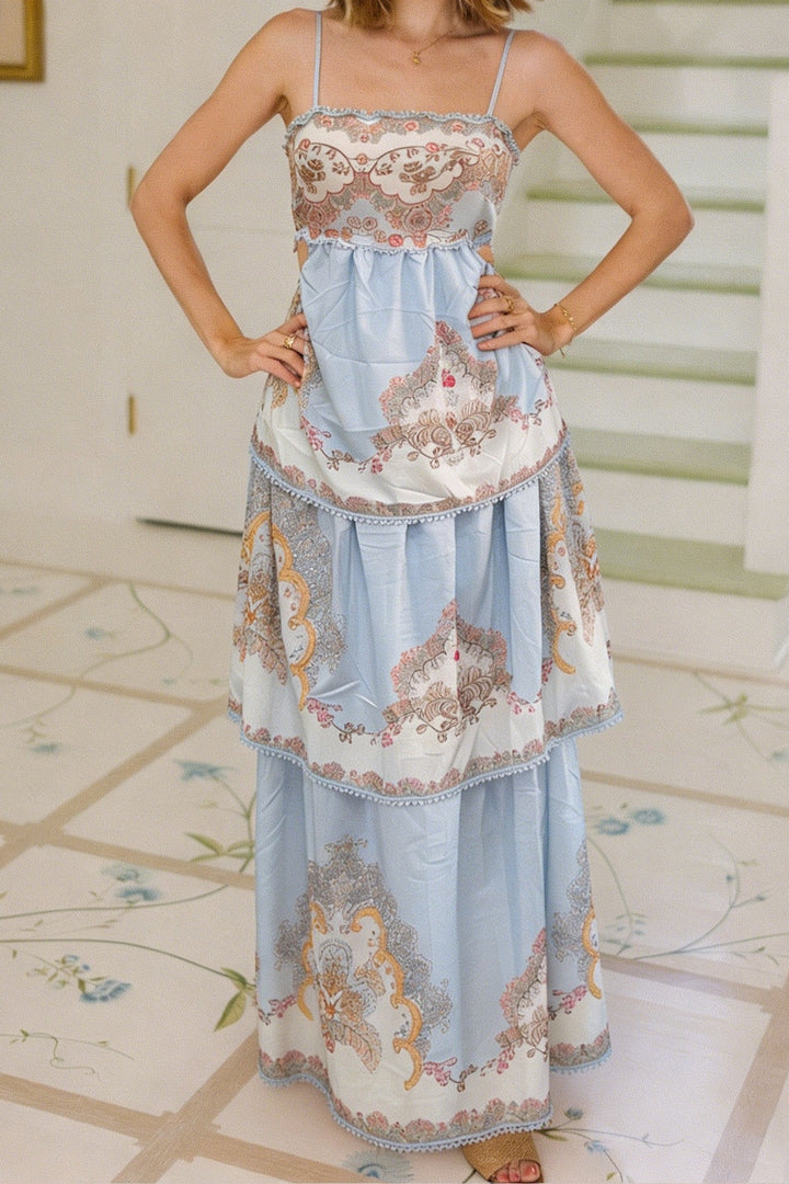 Women's Floral Print Tiered Maxi Dress with Spaghetti Straps and Open Lace-Up Back