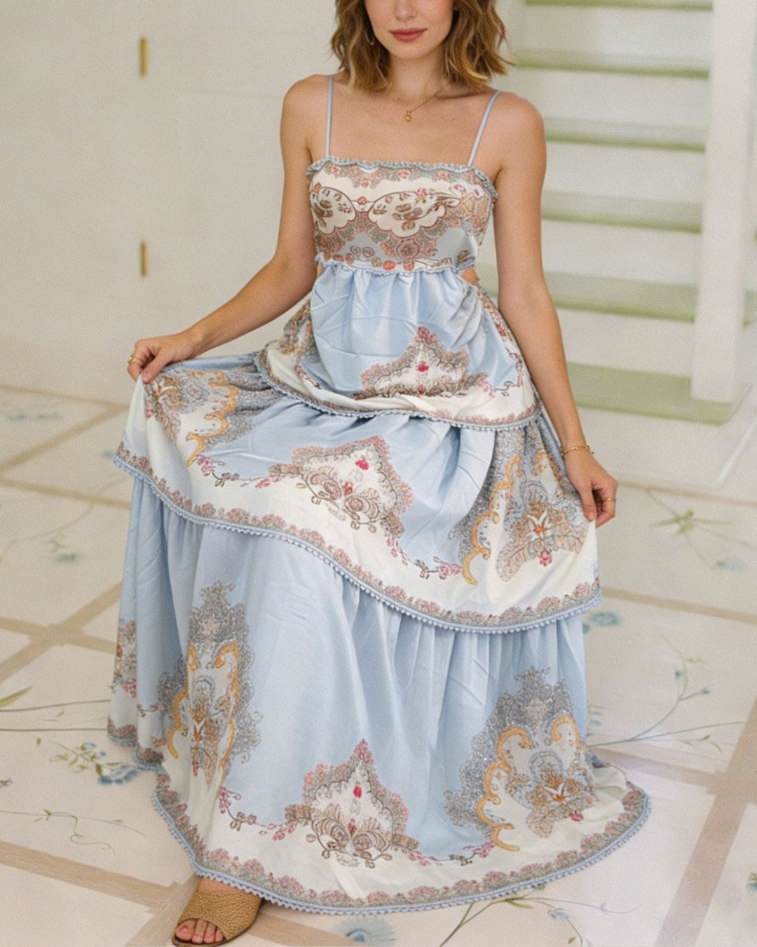 Women's Floral Print Tiered Maxi Dress with Spaghetti Straps and Open Lace-Up Back