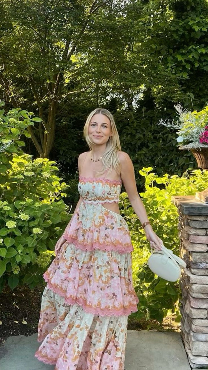 Women's Floral Print Tiered Maxi Dress with Spaghetti Straps and Open Lace-Up Back