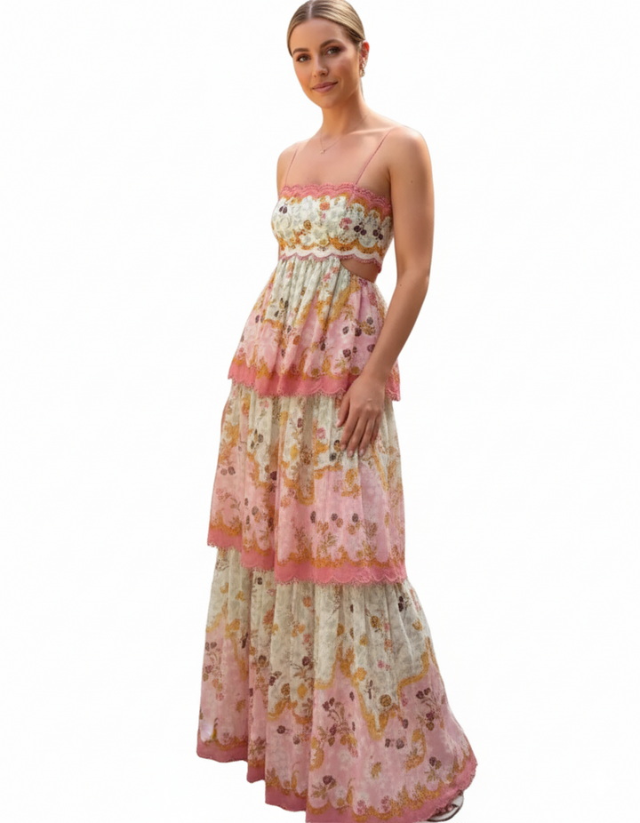 Women's Floral Print Tiered Maxi Dress with Spaghetti Straps and Open Lace-Up Back