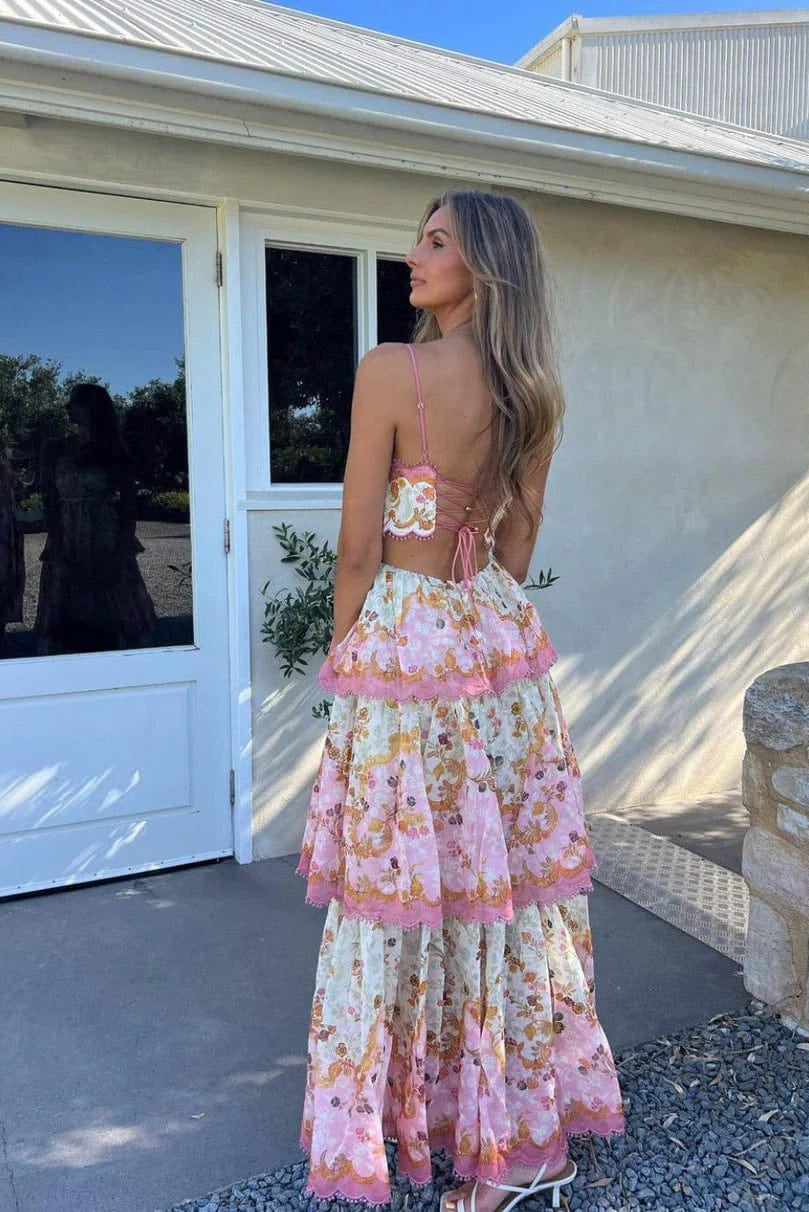 Women's Floral Print Tiered Maxi Dress with Spaghetti Straps and Open Lace-Up Back