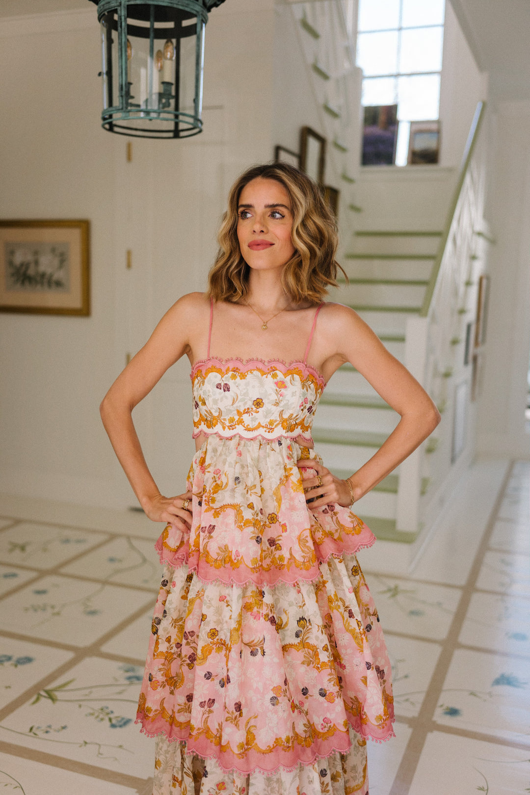 Women's Floral Print Tiered Maxi Dress with Spaghetti Straps and Open Lace-Up Back