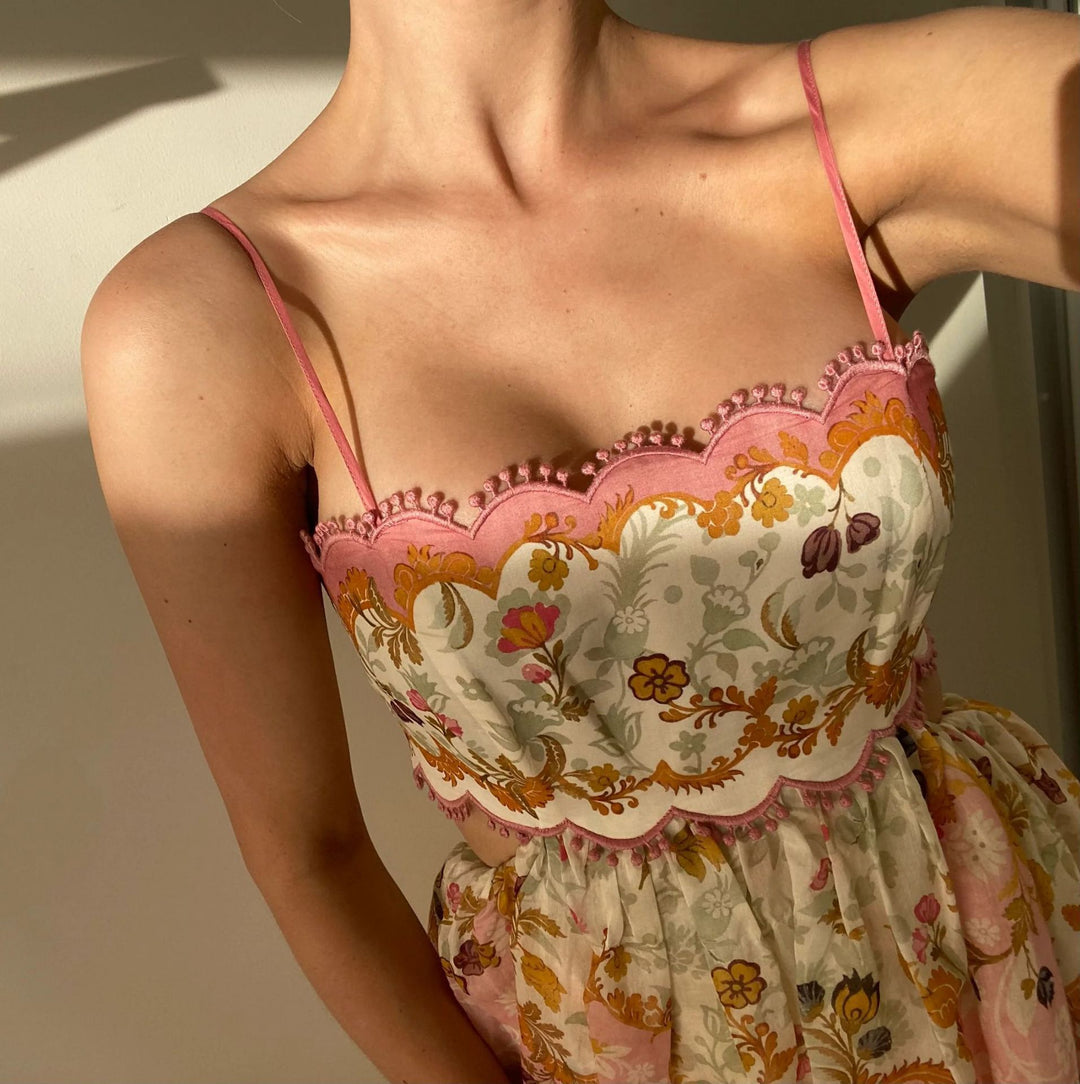 Women's Floral Print Tiered Maxi Dress with Spaghetti Straps and Open Lace-Up Back