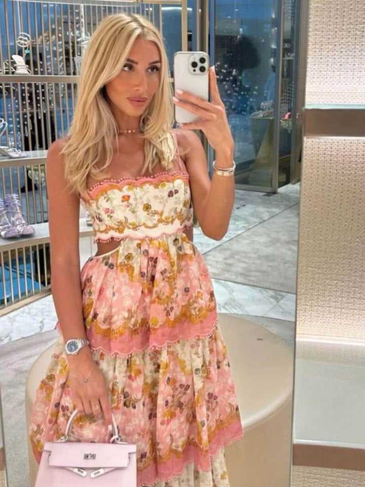 Women's Floral Print Tiered Maxi Dress with Spaghetti Straps and Open Lace-Up Back