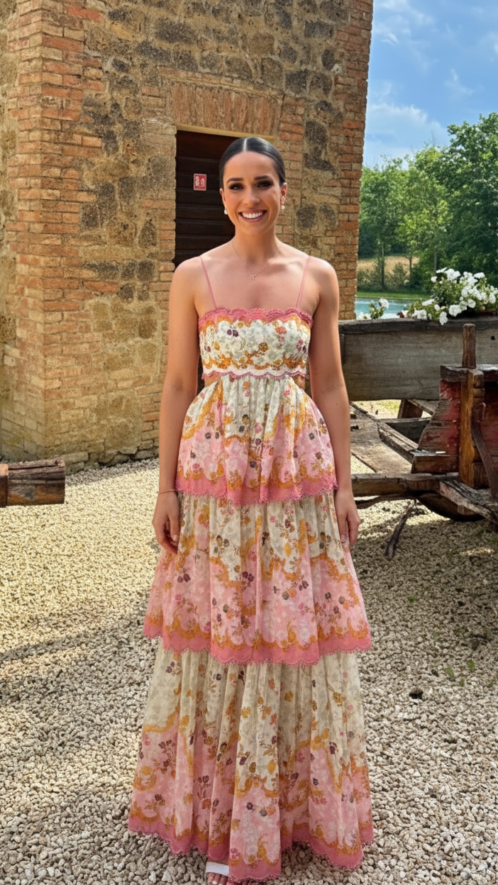 Women's Floral Print Tiered Maxi Dress with Spaghetti Straps and Open Lace-Up Back