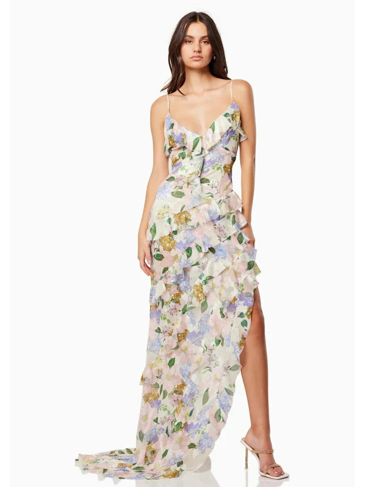Women's Floral Print V-Neckline Spaghetti Strap Maxi Dress with Cascading Ruffles and Side Slit