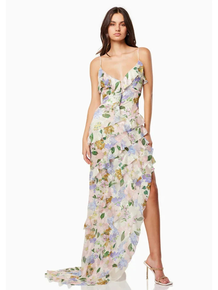 Women's Floral Print V-Neckline Spaghetti Strap Maxi Dress with Cascading Ruffles and Side Slit